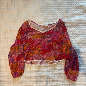 Anthropologie Cropped Floral Blouse - Pink, Red, Orange